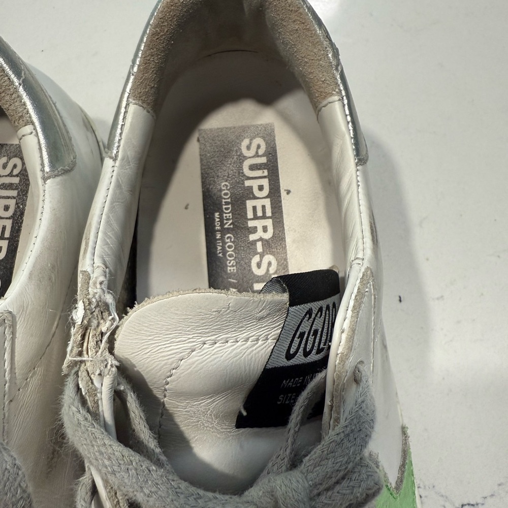 Golden Goose Tennis Shoe - Superstar with Lime Green Star and Silver Heel Tab - Picture 5 of 7